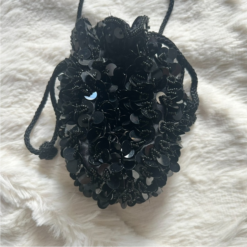 Y2k Black Sequin + Beaded Drawstring Mini Pouch T… - image 2